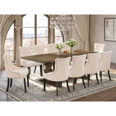 11 Piece Dining Table Set Includes a Rectangle Removable Leaf Kitchen Table and 10 Light Beige Linen Fabric Parson Chairs, Distressed Jacobean