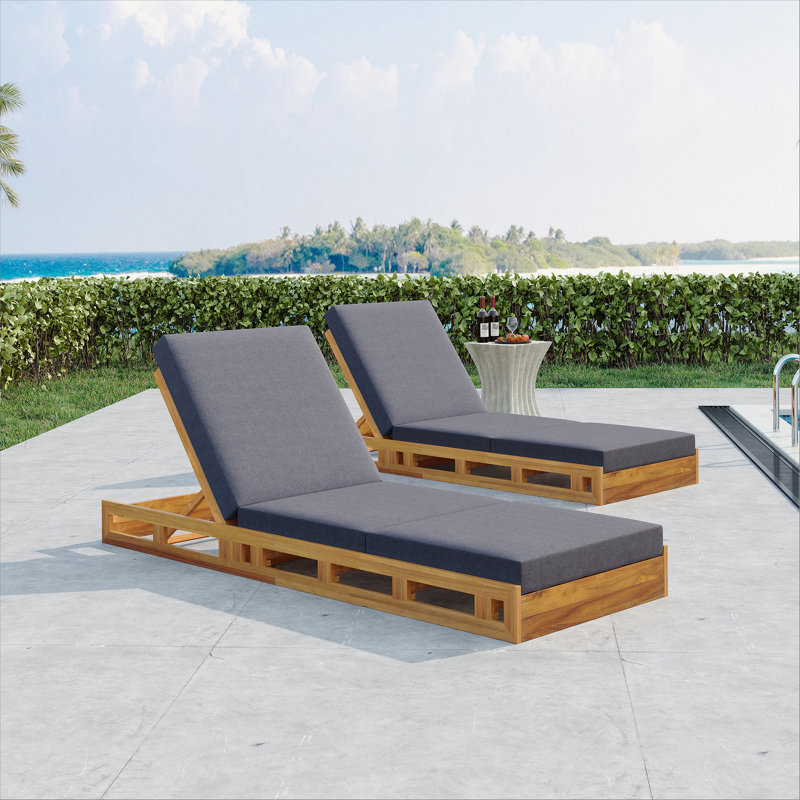 LOUNGE CHAISE SET, ACACIA SOLID WOOD WITH LOUNGE CUSHION (CREAM & TRIPLE FOLD) - MATCHING DARK GREY VERSION AVAILABLE