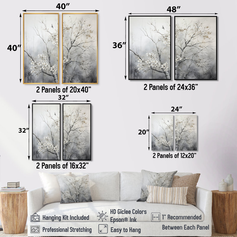 Arbre gris gris monochrome rêverie - art mural traditionnel, 36" H x 48" W, Framed Print without Mat, Black