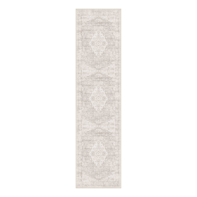 Vintage Medallion Machine Washable Area Rug With Non-Slip Backing, Runner 2' x 8', Beige
