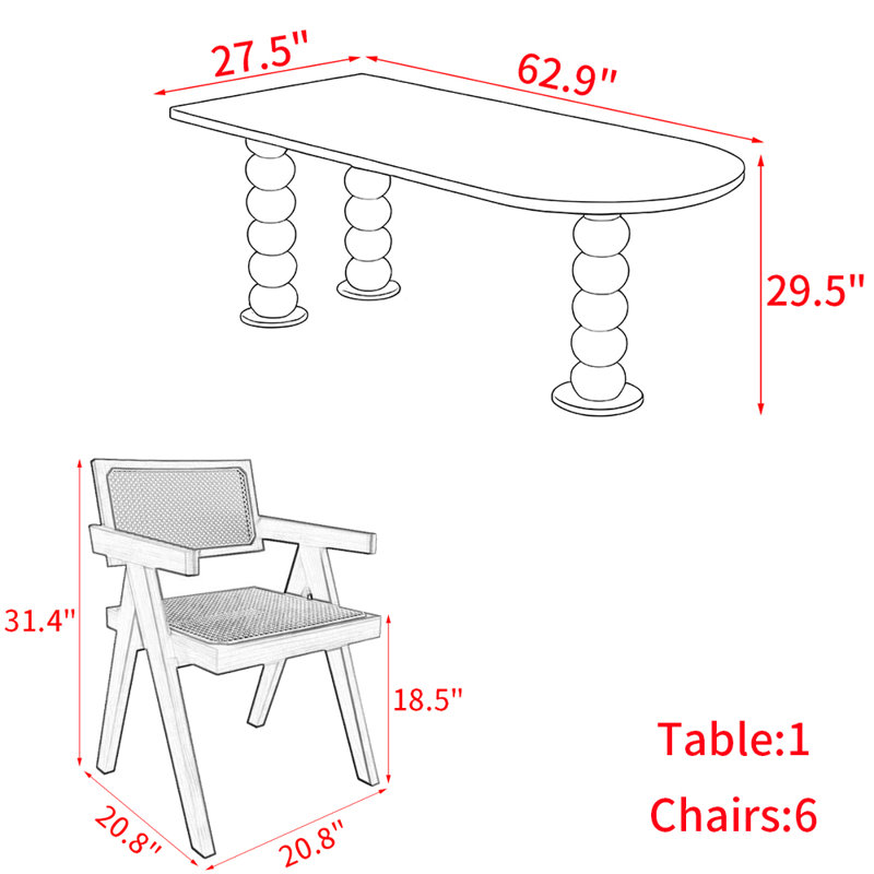 French vintage style solid wood dining table set, 29.5"H x 62.9"L x 27.5"W