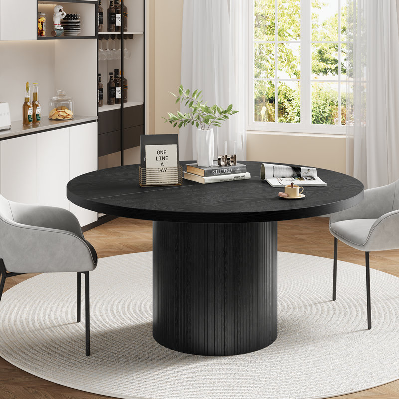 47.2'' Round Dining Table, Kitchen Table With Wood Strip Base For Kitchen Living Room, Black