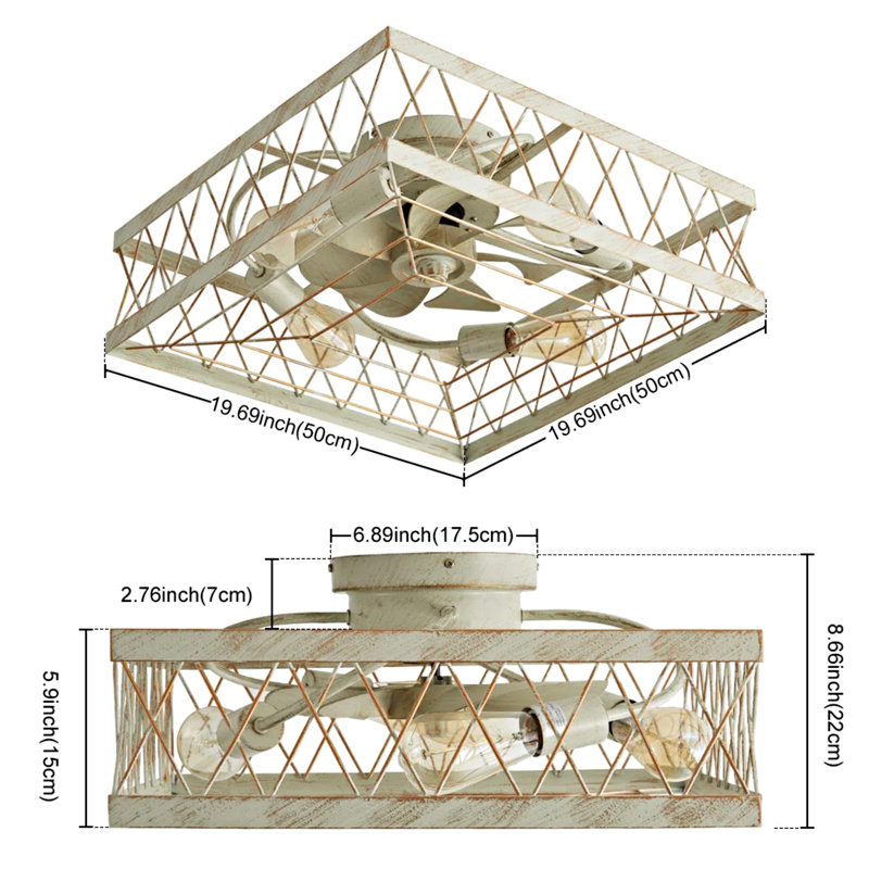 Ventilateur de plafond encastré de 20 po à cage blanche dorée, petit ventilateur de plafond moderne avec télécommande