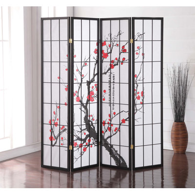 Paravent japonais à 4 panneaux en papier de riz à motif de fleurs de prunier, filtrant la lumière pour plus d'intimité et d'élégance