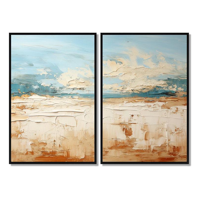 Coastal Beach Sand Whispers I - Ensemble de 2 décorations murales Coastal Beach, 36" H x 48" W, Impression encadrée flottante