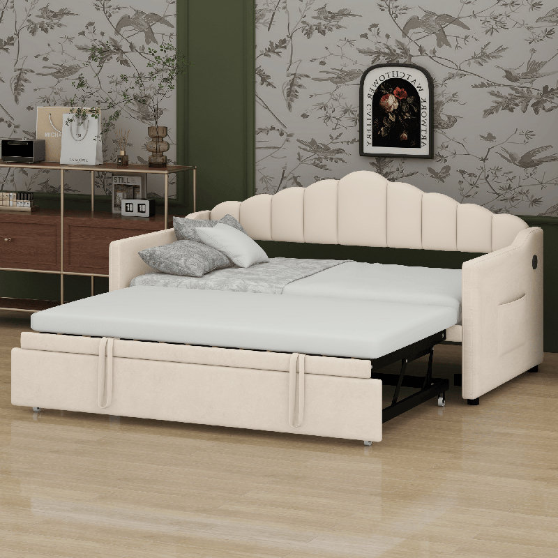 Lit de jour avec couchette escamotable à hauteur ajustable, Beige