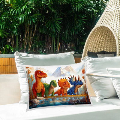 Coussin d'extérieur imprimé Four Dinos By The Pond, par Wumples