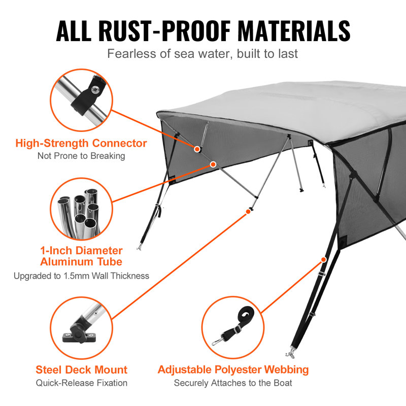 Light Gray 4 Bow Bimini Top Boat Cover with Mesh Sidewalls and Aluminum Frame