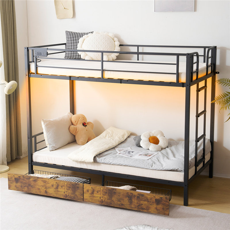 Metal Bunk Bed Frame Twin Over Twin With 2 Drawers, LED Lights, Non-Slip Ladder, Full Length Guardrail, Charging Station, For Kids, Teens & Adults