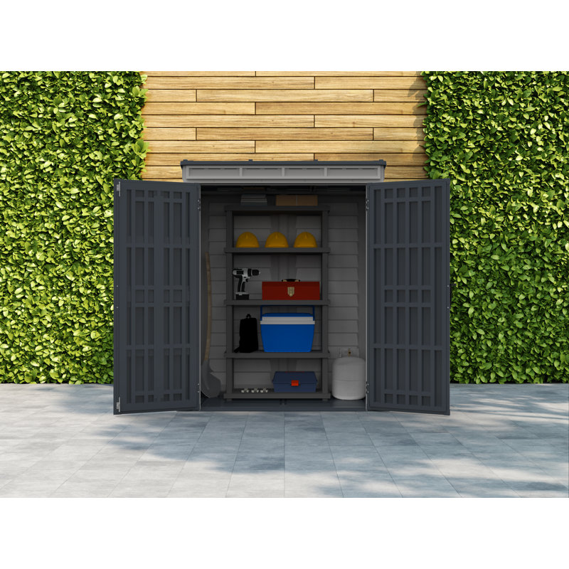 Gray Vinyl Lean-To Storage Shed with Shelving and Windows