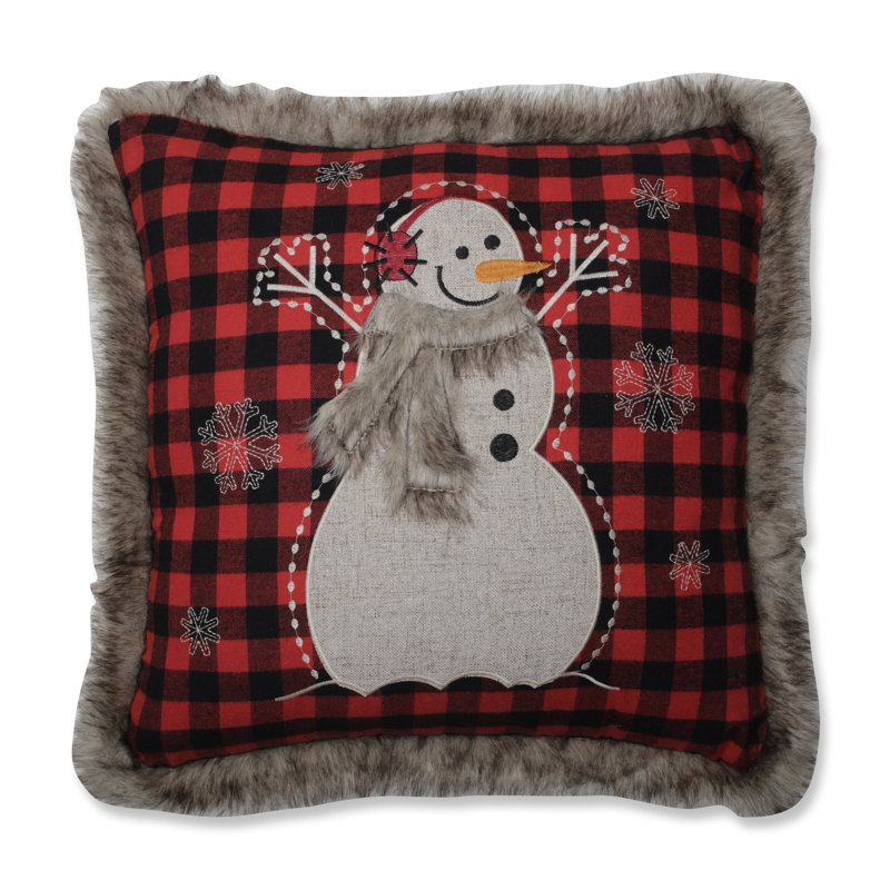 Rustic Red and Black Embroidered Snowman Throw Pillow