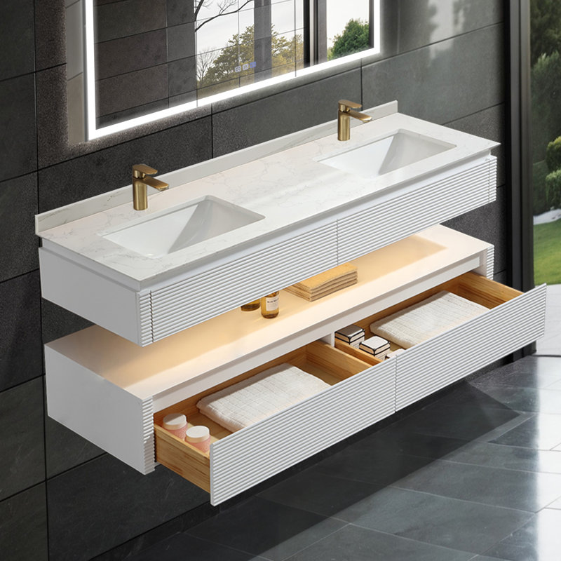 Ensemble de meuble-lavabo mural moderne 60 po en bois massif avec plateau en marbre et lumière, Blanc