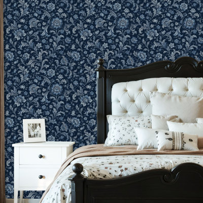 Papier peint auto-adhésif à motif de fleurs bleues rétro avec feuilles autocollantes et amovibles foncées 24 po x 118 po (60 x 300 cm)