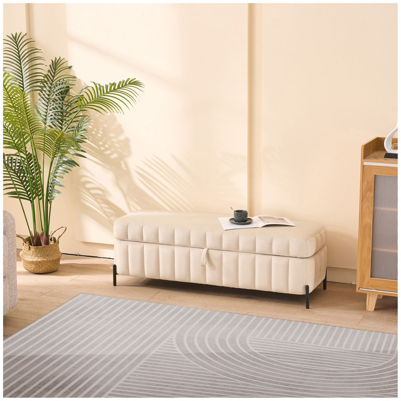 Banc de rangement en velours de 49,21 po de largeur pour le salon, l'entrée et la chambre à coucher., Beige