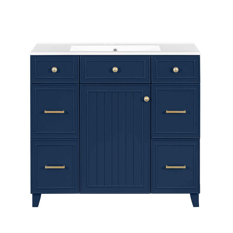 36'' Free-Standing Bathroom Vanity With Ceramic Sink, Cabinet With One Doors And 3 Drawers, Dark Blue