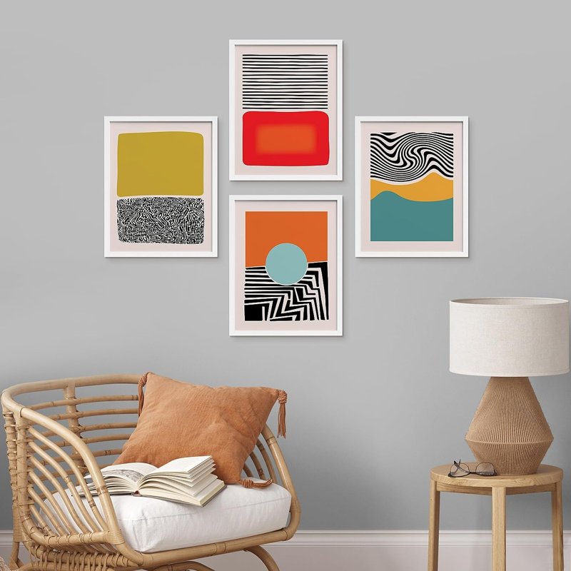 «Mid-Century Modern 1980s», reproduction géométrique encadrée de 4 pièces, H 16 po x l 12 po x P 1 po, Cadre blanc