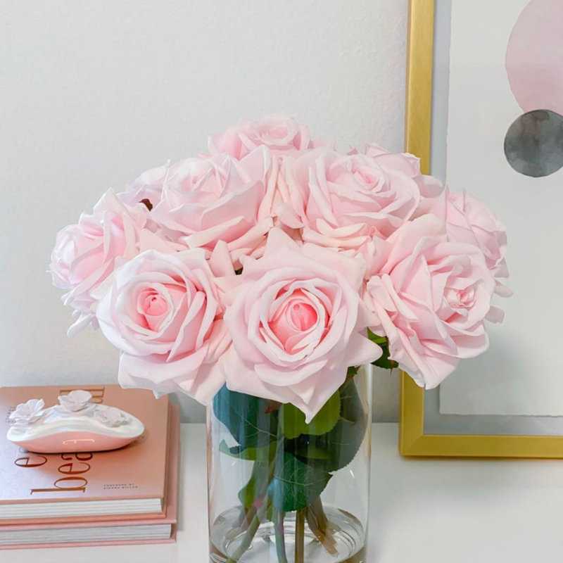Real Touch Roses Centerpiece In Tall Glass Vase, Pink
