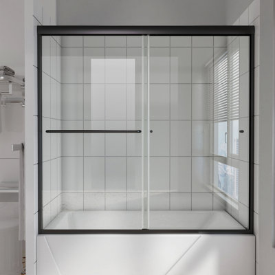 56 po - 60 po X 58 po  Porte de baignoire coulissante semi-sans cadre en noir mat (6 mm) Verre transparent