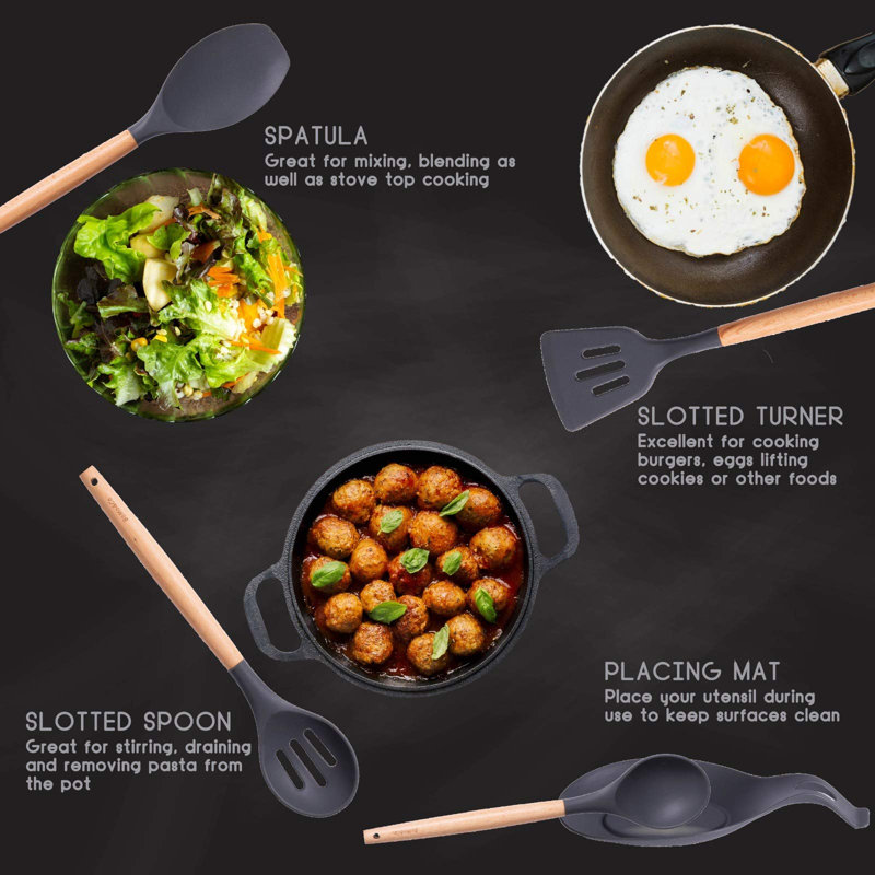 Cooking Utensils Set, Kitchen Utensils Set, Including Measuring Spoon Set, Placing Mat, Night Grey
