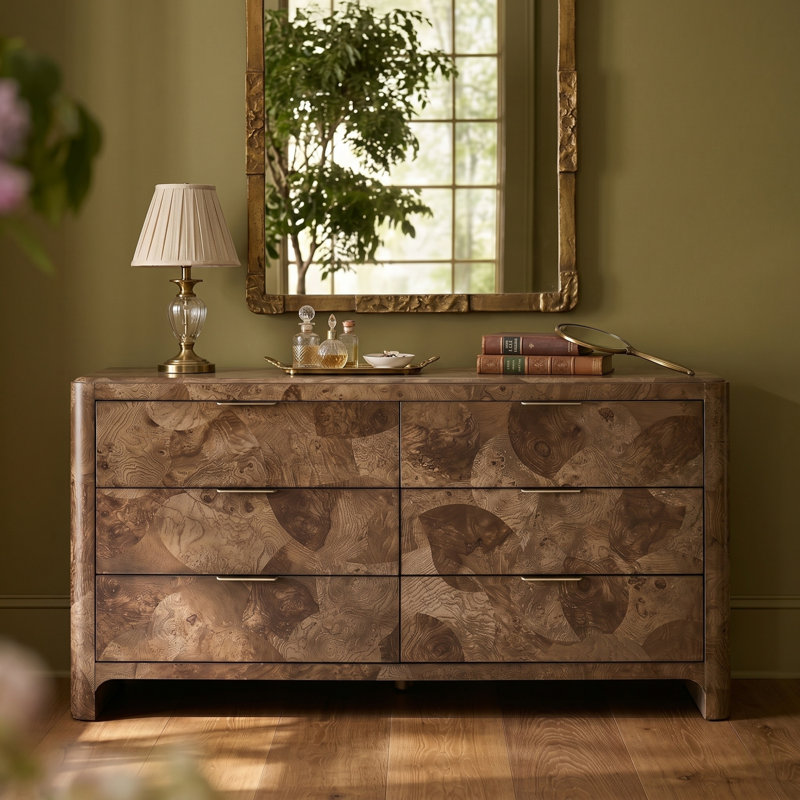 Commode moderne Amandine Heirloom à 6 tiroirs en loupe de bois avec plateau à bijoux amovible