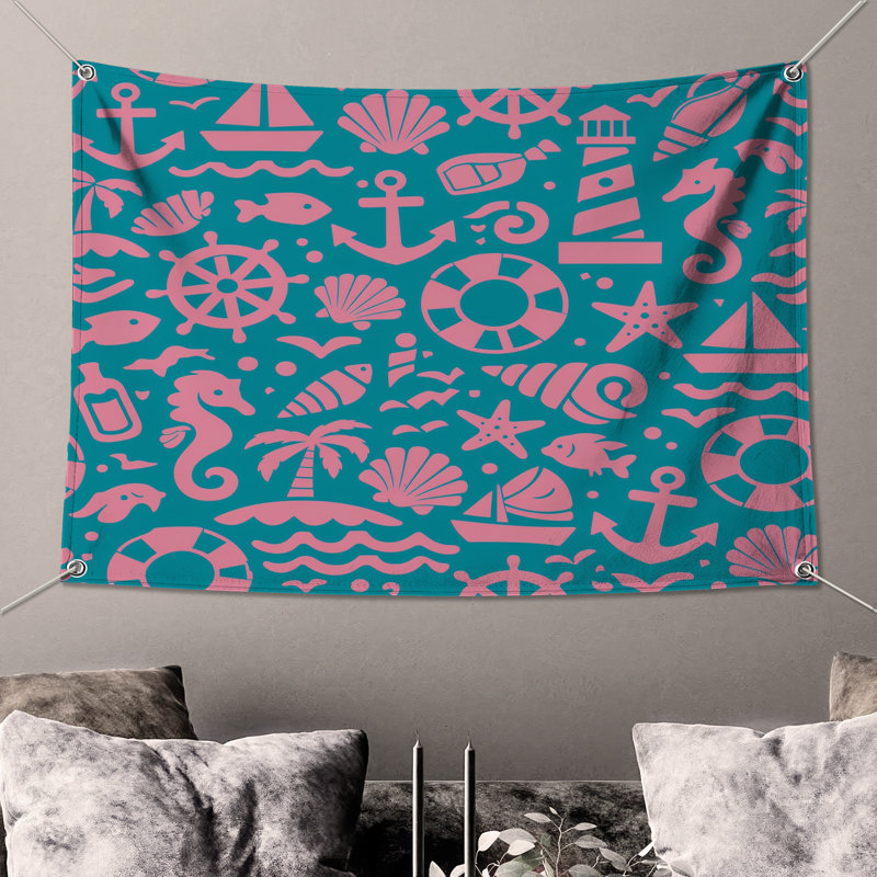 Tapisserie murale coquillage «Hippocampe» - décoration murale nautique, 50in H x60in W with 4 Grommets