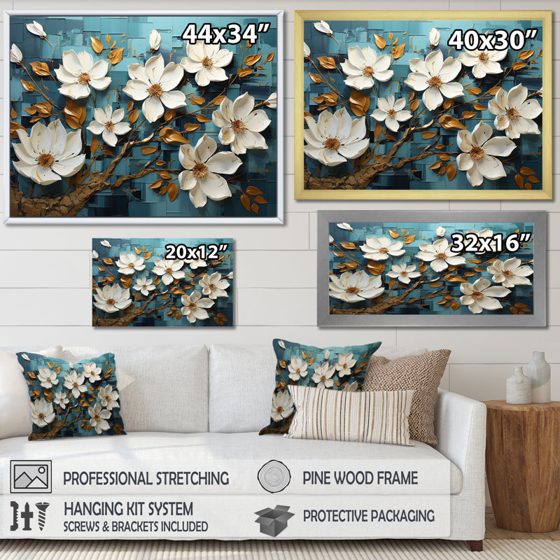 Blanc et bleu, charmante fleur printanière élégance IV - Fleurs, art mural, Cadre flottant brun, H 24 po x l 32 po x P 1 po