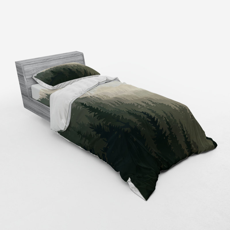 Twin XL Cream and Dark Green Forest Duvet Cover Set
