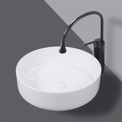 Yingze 14" Small Round Vessel Sink, Modern Thin Rim Bathroom Basin, Ceramic Vanity Top Bowl, Glossy White