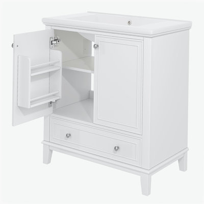 Ensemble de lavabo pour salle de bain de 30 pouces, armoire de bain multifonctionnelle avec porte et tiroir, structure en bois massif et panneau de fibres à densité moyenne