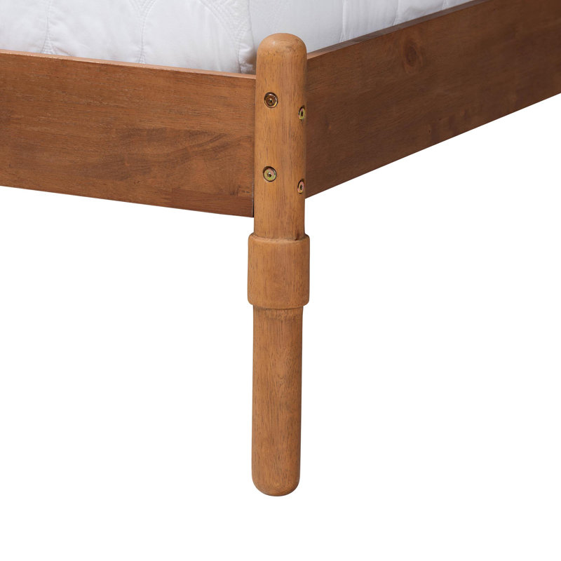 Walnut Brown Wood Queen Platform Bed with Woven Rattan Headboard