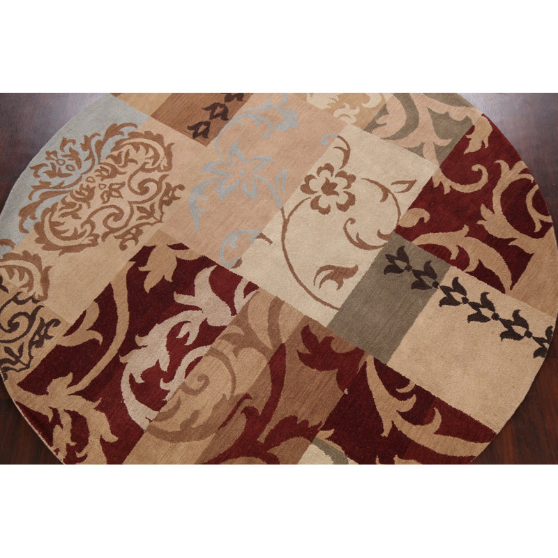 Tapis beige / rouge / brun en laine touffeté à la main Floral, Rond 10 pi