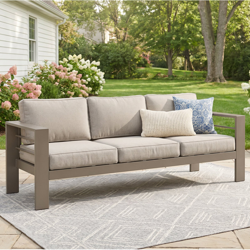 Canapé de patio 75 "avec coussins, Coussin gris / cadre café clair
