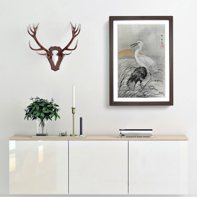 Cranes in the Marsh by Kawanabe Kyosai - Framed Print, 36cm H x 27cm W x 2cm D, Walnut Framed
