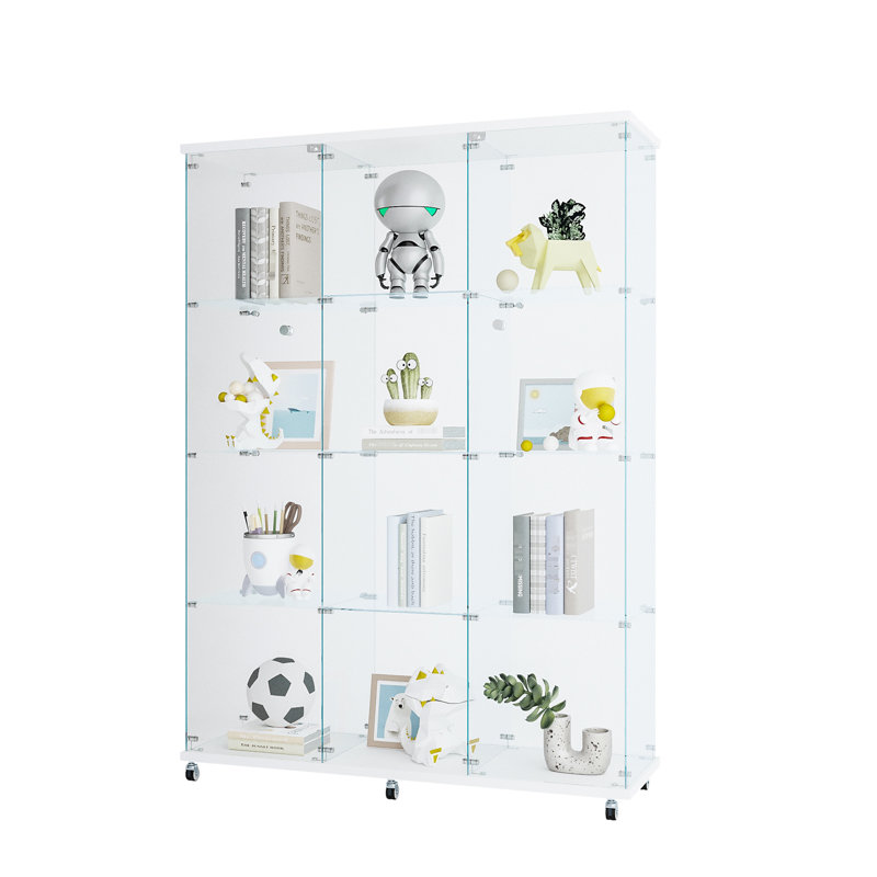 Enormous Glass Display Cabinet 4 Shelves, For Living Bedroom Office - Black White, Abundant Storage Compartment, Thick Tempered Surface, Solid Wood Build, Simple Assembly Process Extra Large 4-shelf
