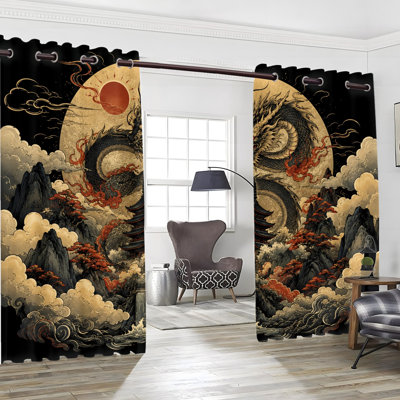 2Pcs Grommet Blackout Curtains, Oriental Dragon & Sun Printed Polyester Room Darkening Thermal Drapes, Heat Blocking Noise Reducing Privacy Window Treatments for Bedroom Living Room Kitchen