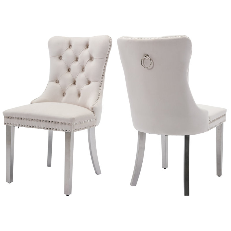 Tufted Velvet Wing Back Side Dining Chairs, Beige, Brushed Nickel