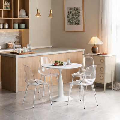 Ensemble de salle à manger Mid-Century à piédestal pour 4 personnes, table en panneau de fibres à densité moyenne blanc avec pieds en métal, 34,25 x 34,64 pouces, comprend 4 chaises