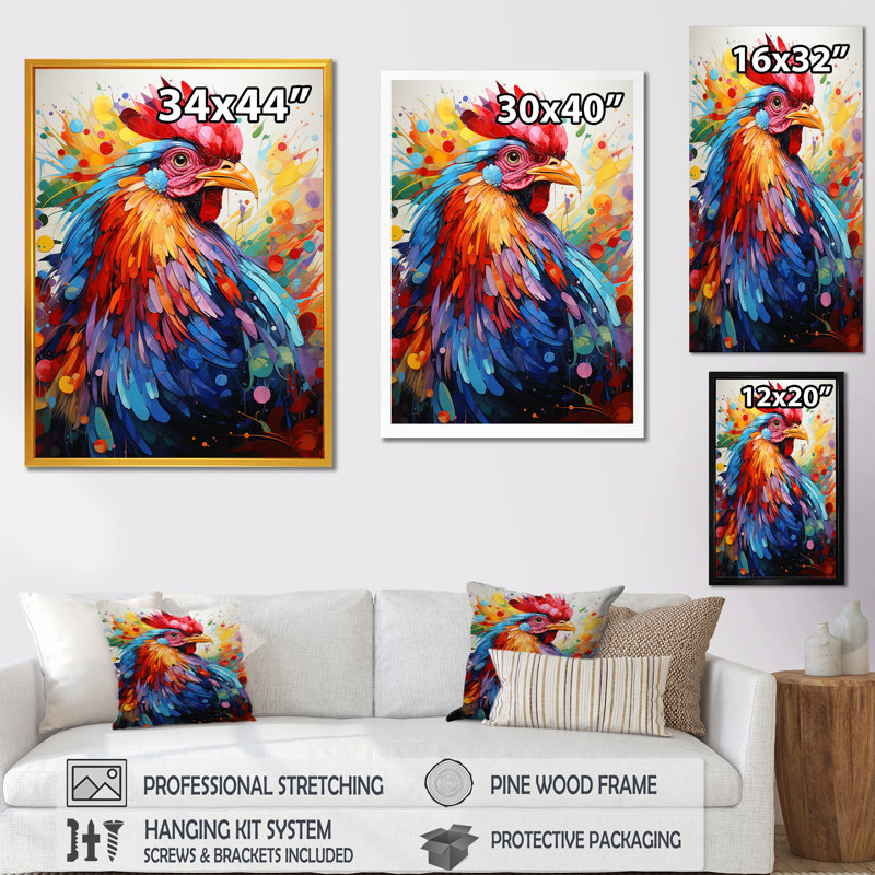 Coq coloré - décoration murale coq, H 44 po x l 34 po x P 1,5 po, Cadre flottant brun
