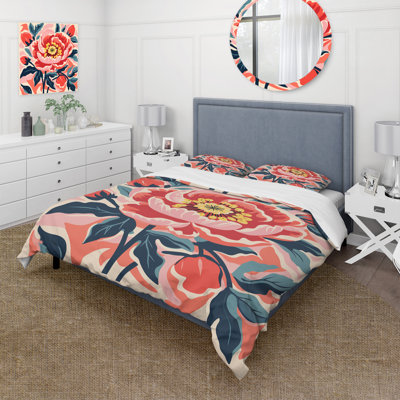 Ensemble de housse de couette pivoine rose et verte de style matisse