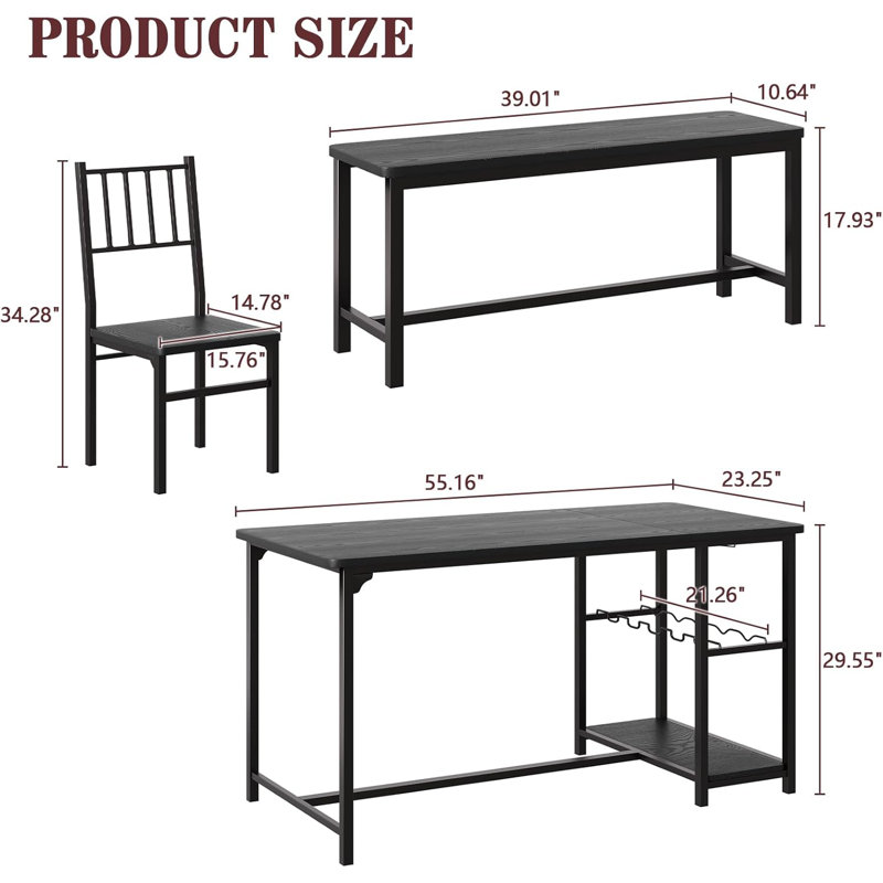 Dining Room Table Set for 4, 55" Kitchen Table Set with Storage Shelf, Wine Rack & Wine Glasses Holder, Black