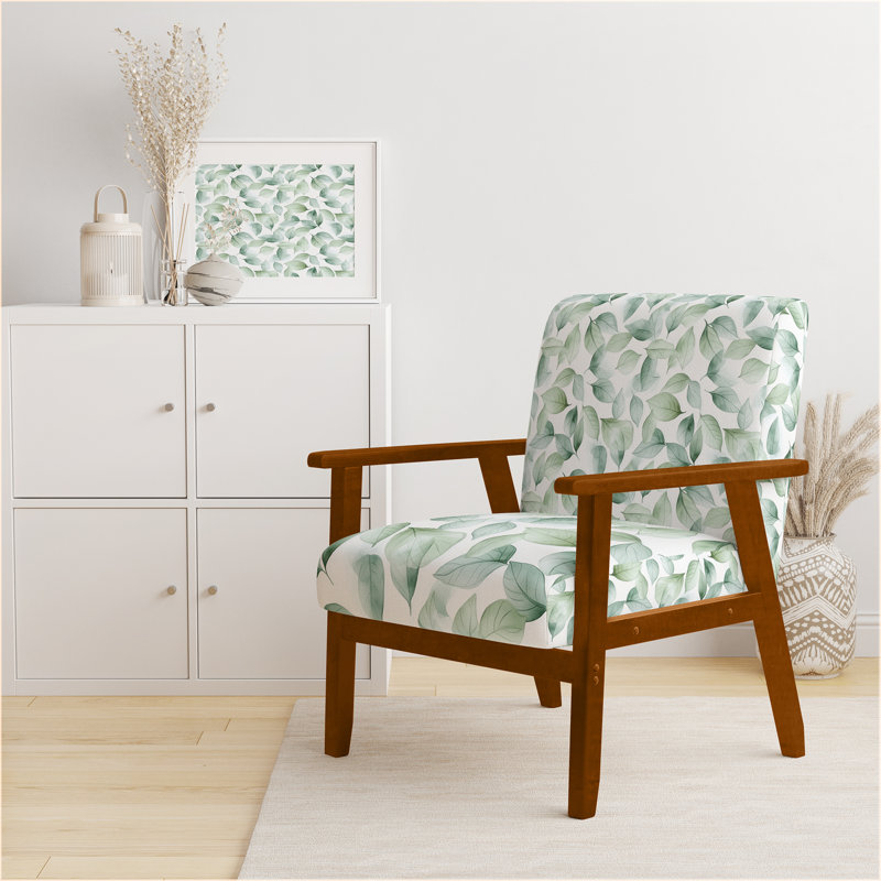 Chaise d'appoint Boho - Fauteuil vert à feuilles Zen, Accoudoirs carrés bruns