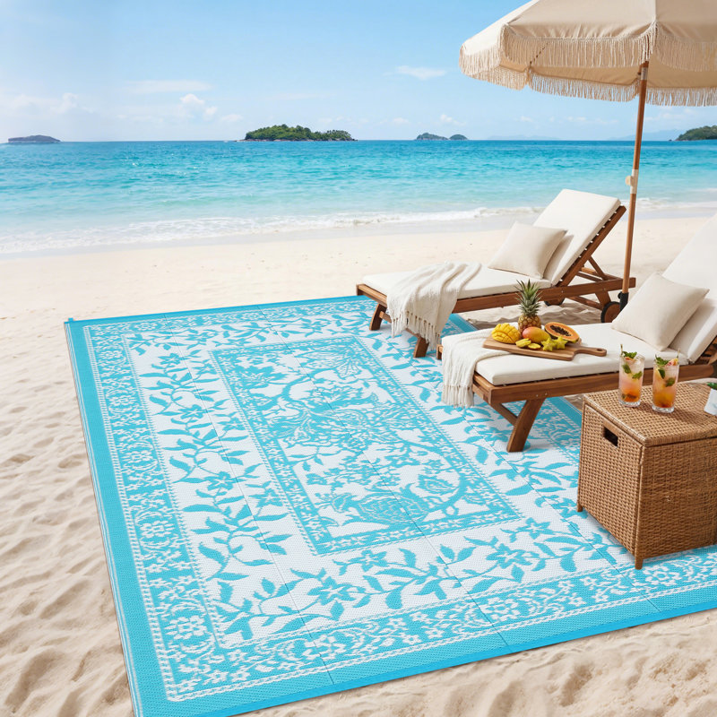 Reversible Floral Outdoor Rug Stain Resistant Waterproof UV Resistant Washable Lightweight Plastic Straw Mat for Patio Backyard Camping Beach