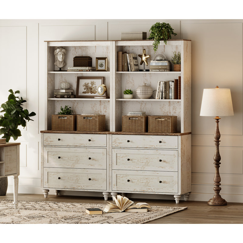 Garde-manger de style Mid-Century moderne avec 6 tiroirs, armoire de rangement de style campagnard avec tablettes réglables pour la cuisine, le salon, la chambre à coucher, blanc rustique