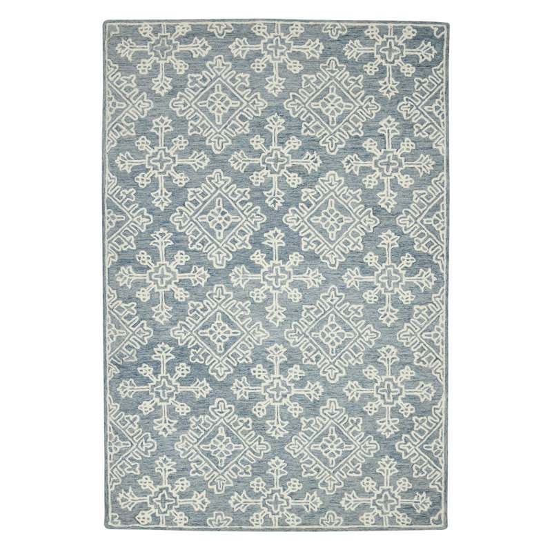 Tapis oriental bleu en laine et ivoire crocheté à la main 2 pi x 3 pi