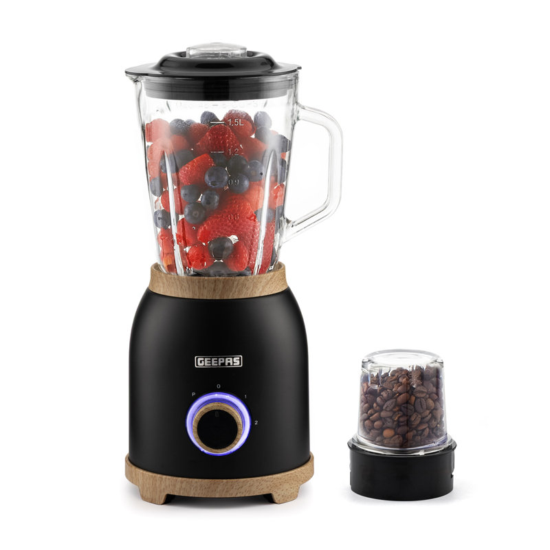 GEEPAS NordiQ 2-in-1 Food Jug Blender | Smoothie Maker with 1.5L Glass Juice Jar & Mini Coffee Spice Grinder Mill | 6 Stainless Steel Ice Crusher Blades | 2 Speeds, Pulse Safe Lock | 800W