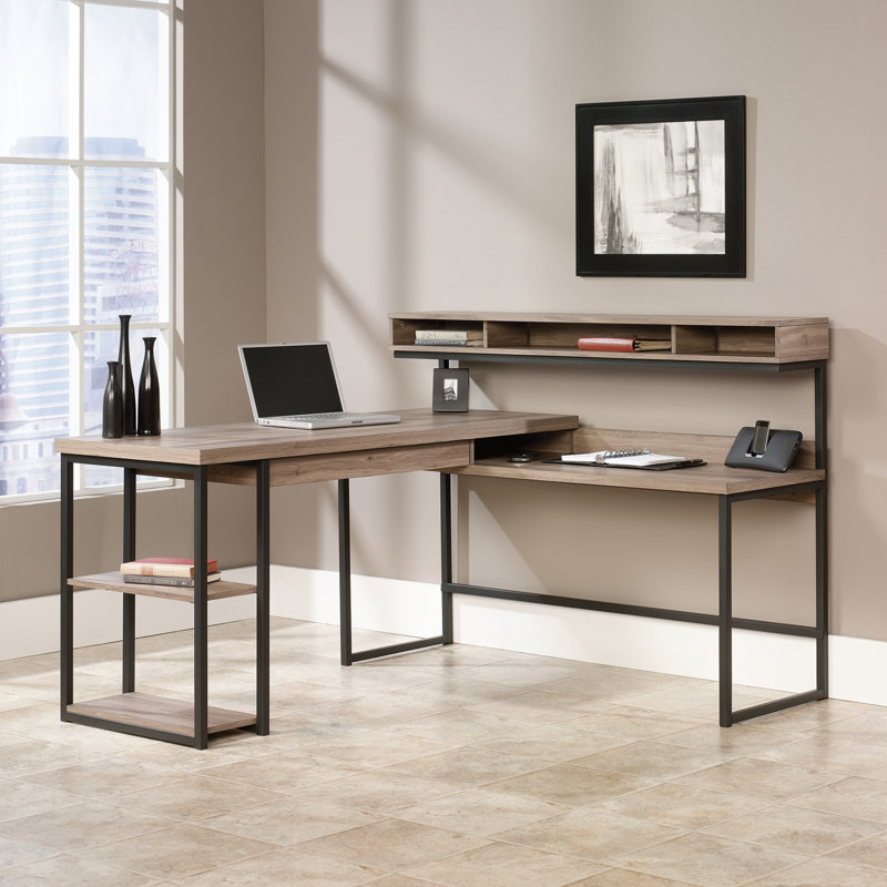 L-Shaped Desk with Elevated Cubby Shelf
