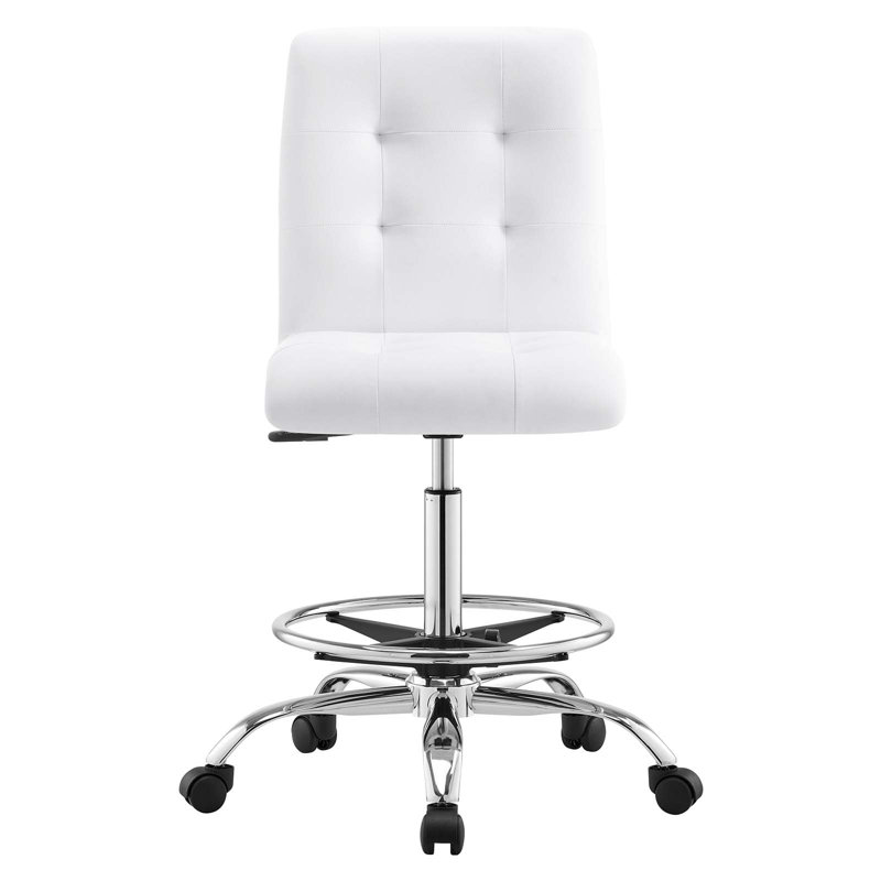 Modway Prim Armless Vegan Leather Drafting Chair, White, Silver
