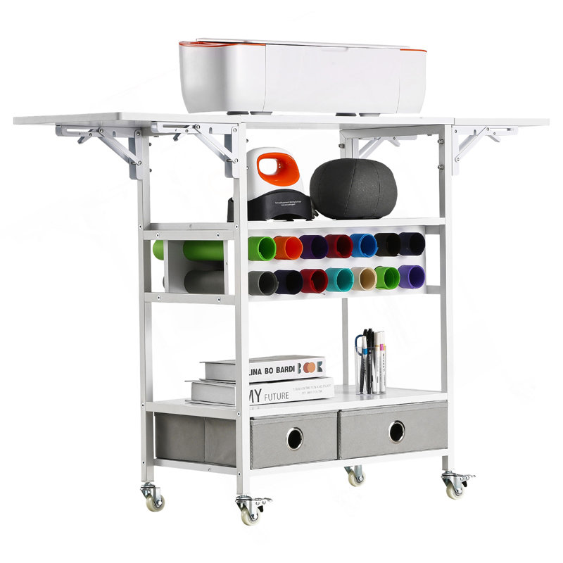 Chariot roulant roulant et table de rangement 14 porte-rouleaux en vinyle 2 tiroirs pliables