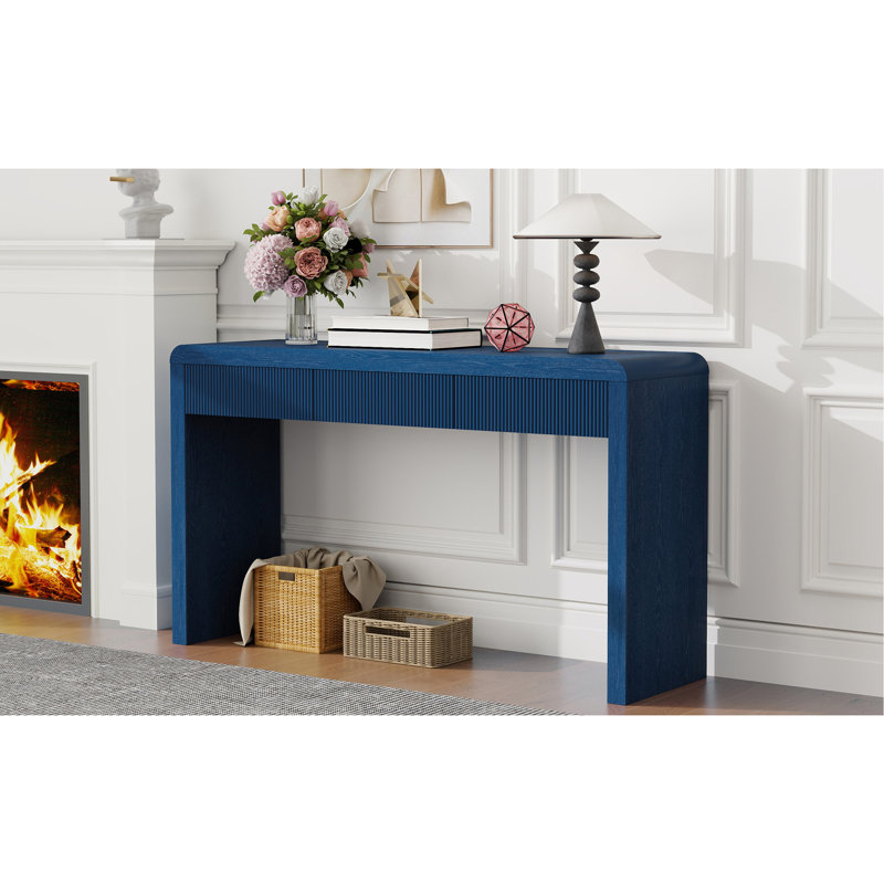Console rustique avec 3 tiroirs cannelés - Table d'entrée en placage de bois massif avec grain de bois naturel pour le salon, le couloir
