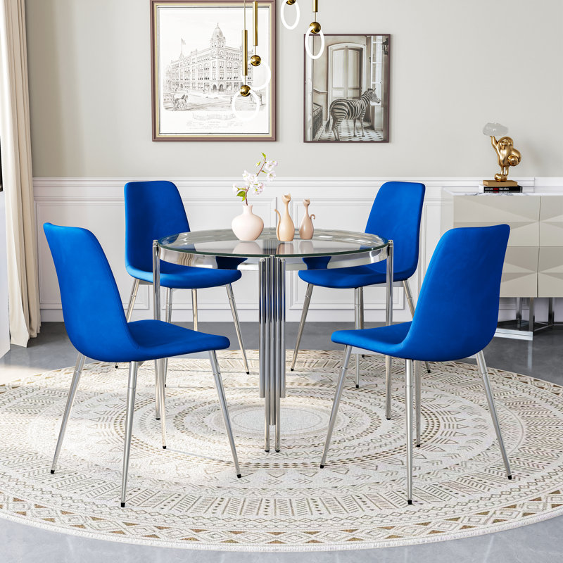 Round Glass Dining Table Set For 4, Modern Irregular Stainless Steel Table With Velvet Cushioned Chairs, Clear/Silver